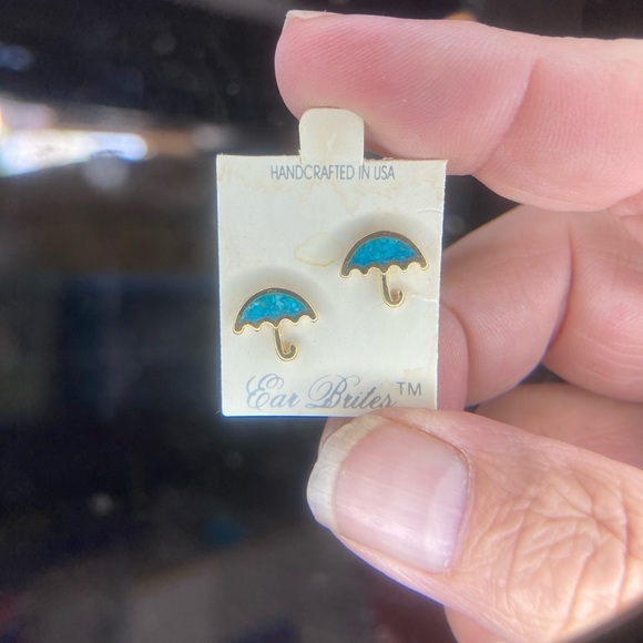 Gold Tone and Blue Umbrella Earrings - Picture 1 of 2